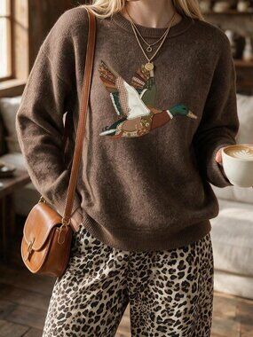 Dark Brown Casual Women's Round Neck Patchwork Duck Design Sweater